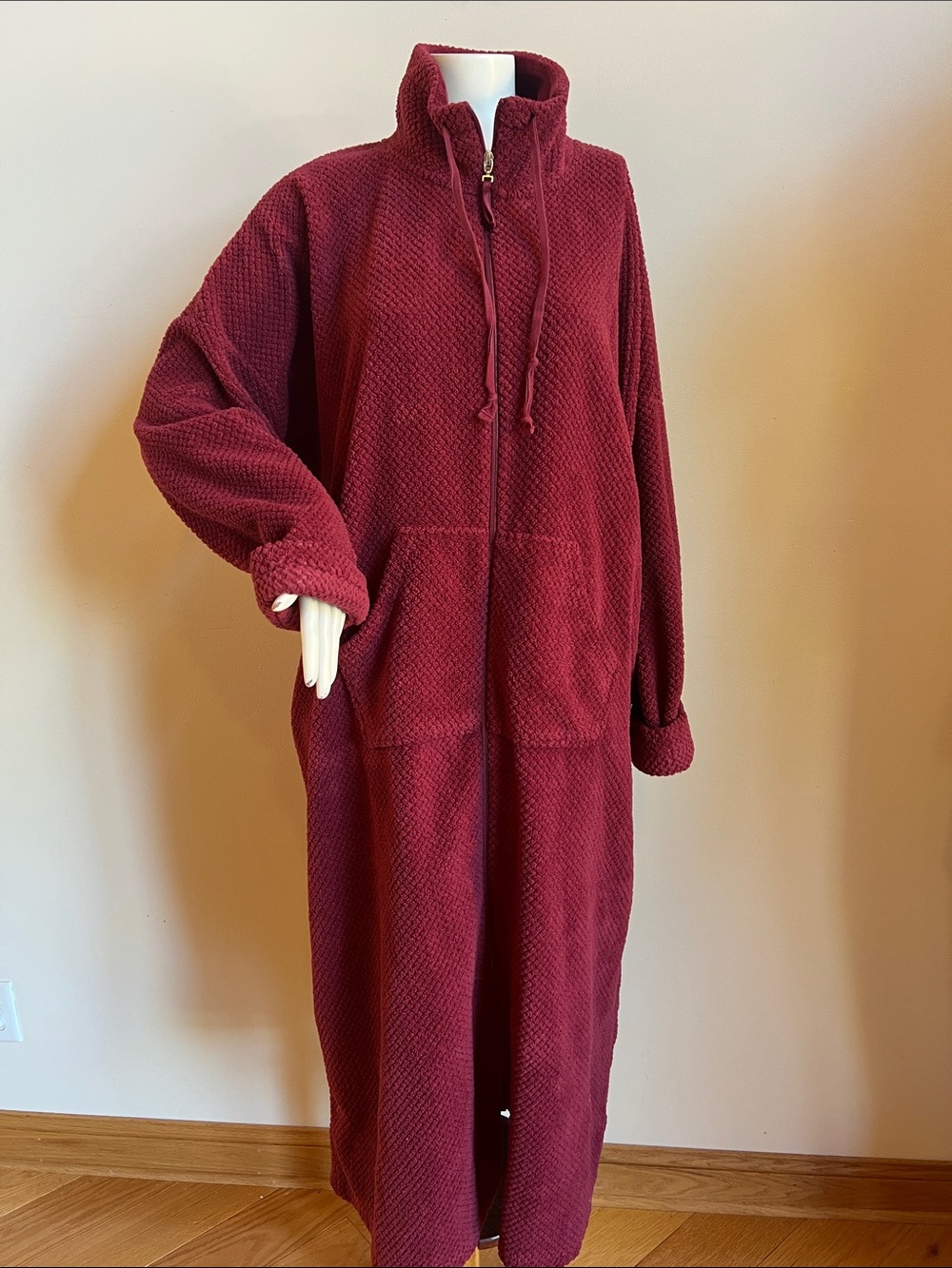 Stan Herman Long Zip-Front Cozy Robe in Burgundy with pockets quiet lounging lux